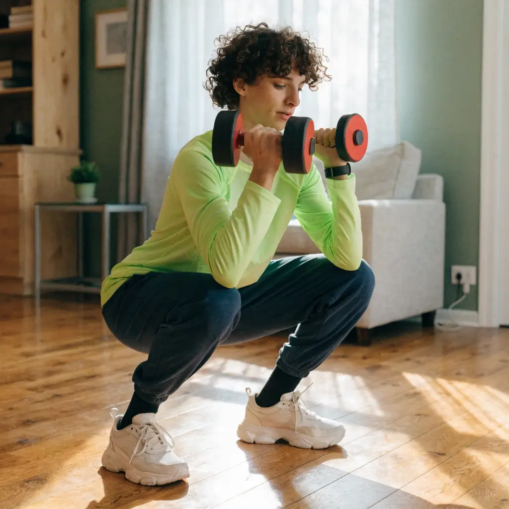 beginner doing functional strength training squat at home