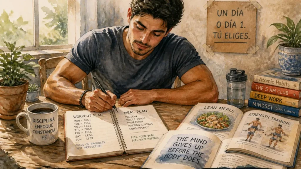 Fitness and Nutrition Books: 7 Powerful Reads for Long-Term Health 3 Person reading fitness and nutrition books while journaling a workout and meal plan