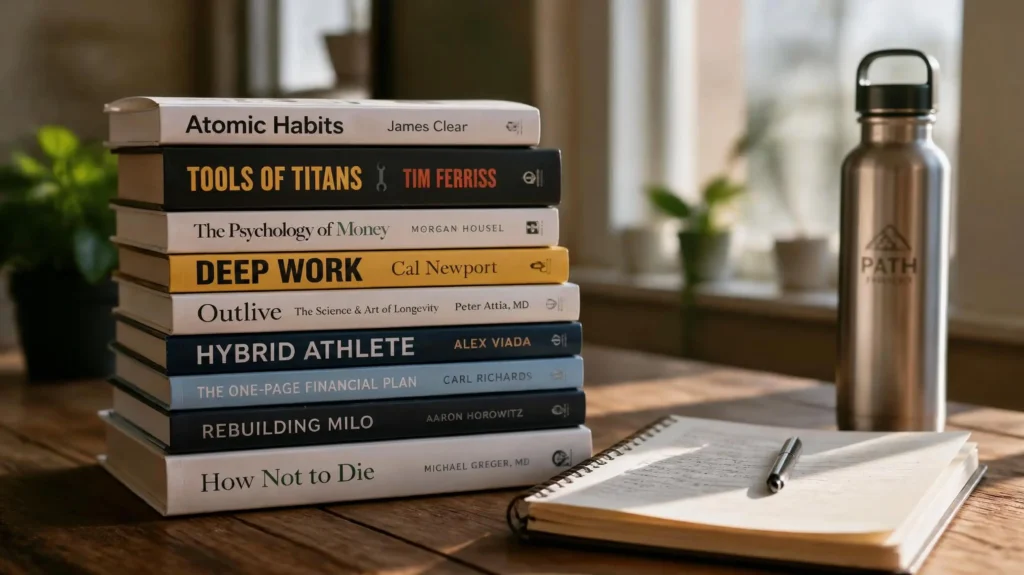 Fitness and Nutrition Books: 7 Powerful Reads for Long-Term Health 2 Stack of fitness and nutrition books on a wooden desk with a notebook and water bottle